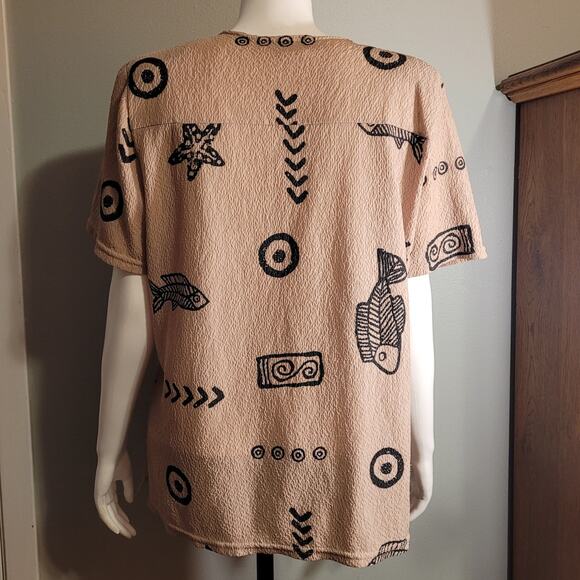 Vtg 80s Vejaiz Crinkle Gauze Shirt Fish Print Shoulder Pads Oversized Boxy Top - Picture 5 of 10